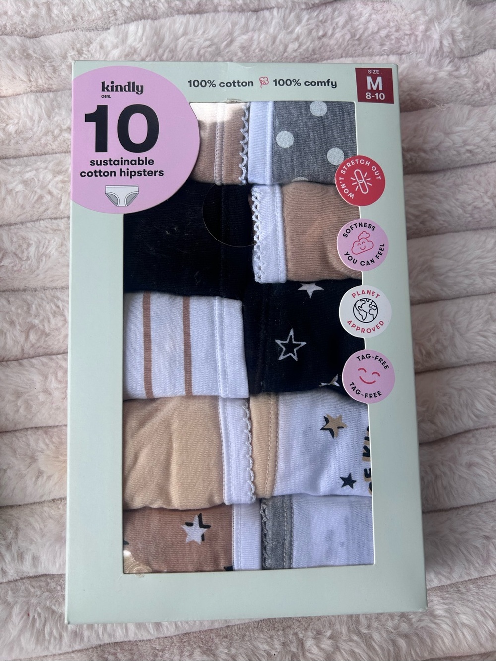 Kindly Girls 10-Pack Cotton Hipster Underwear – Beige, Black, White, Gray